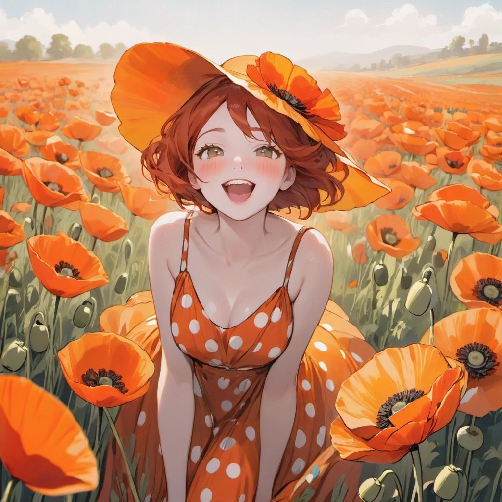 Example result. Prompt: beautiful redhead wearing an orange polka dot long full dress, laughing, (in a field of big orange poppies:1.2), (close portrait),…
