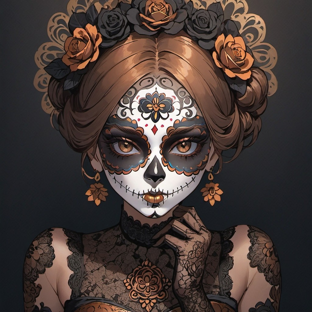 Example result. Prompt: beautiful woman with sugar skull makeup, stitches over lips, fine elegant details, metallic copper, brown, black lace gloves, day of…