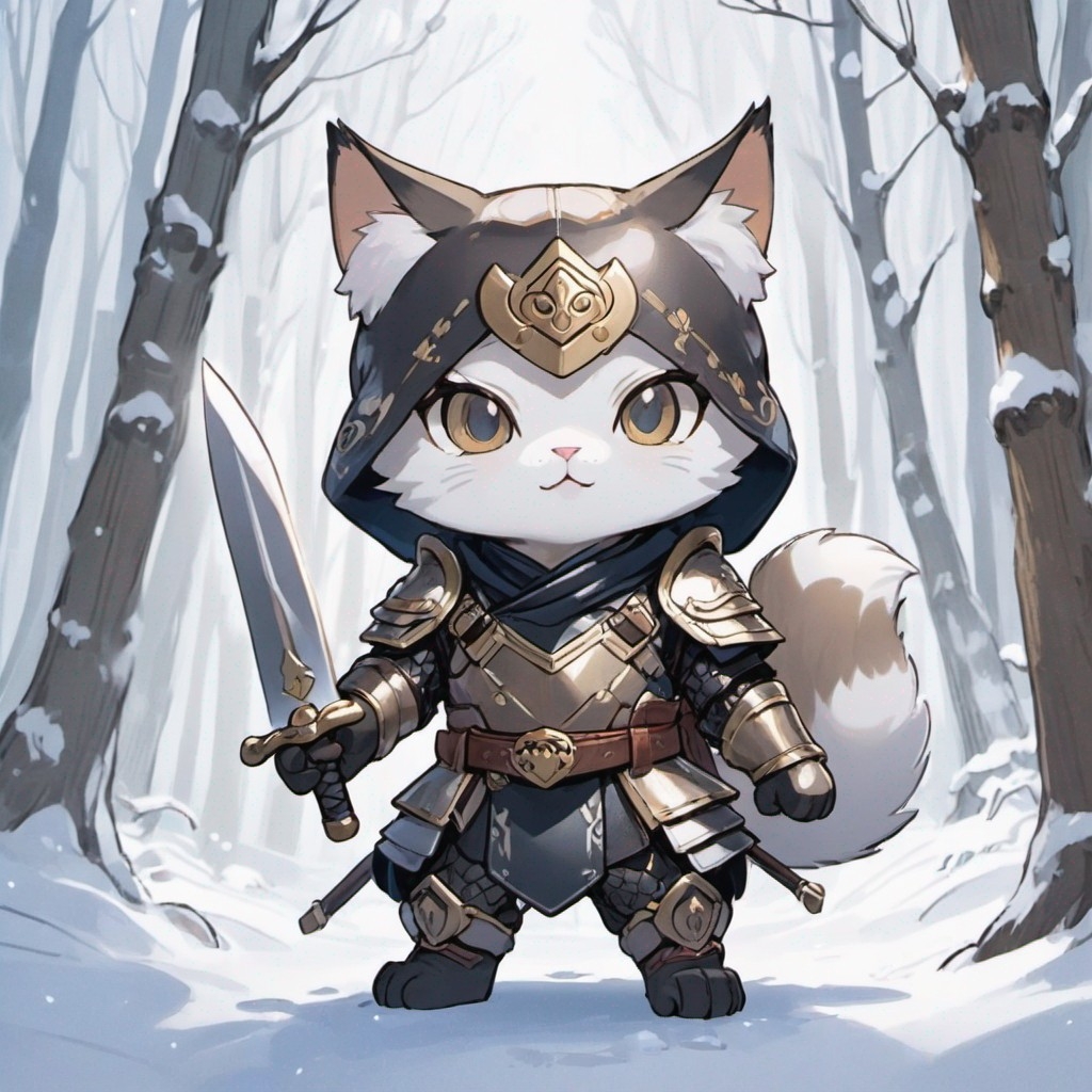 Example result. Prompt: handsome samurai warrior cat wearing leather and forged metal armor, holding a sword in his paws, , close up, standing in a winter…