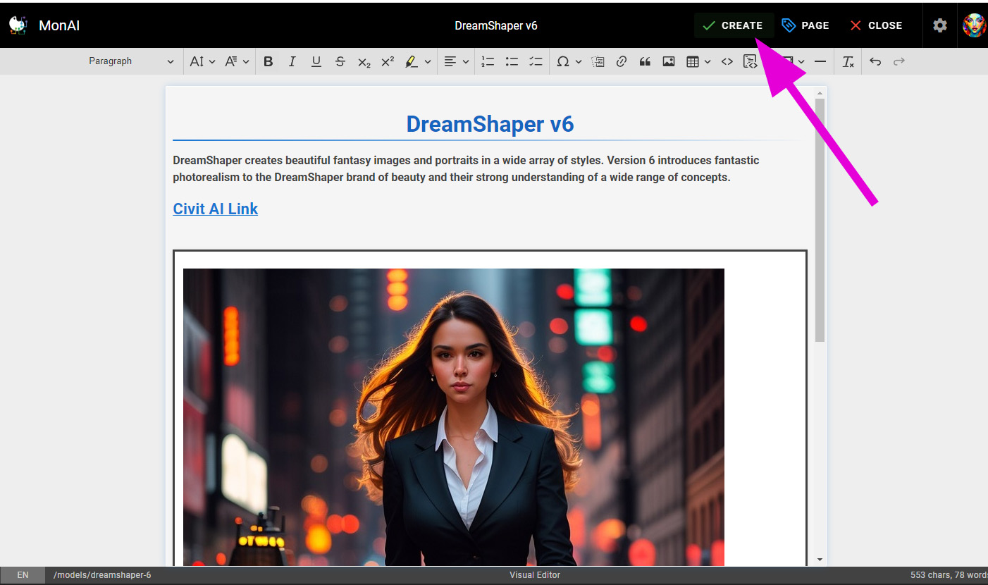 How to create a Wiki page: Once you've added content to the page, click CREATE button.