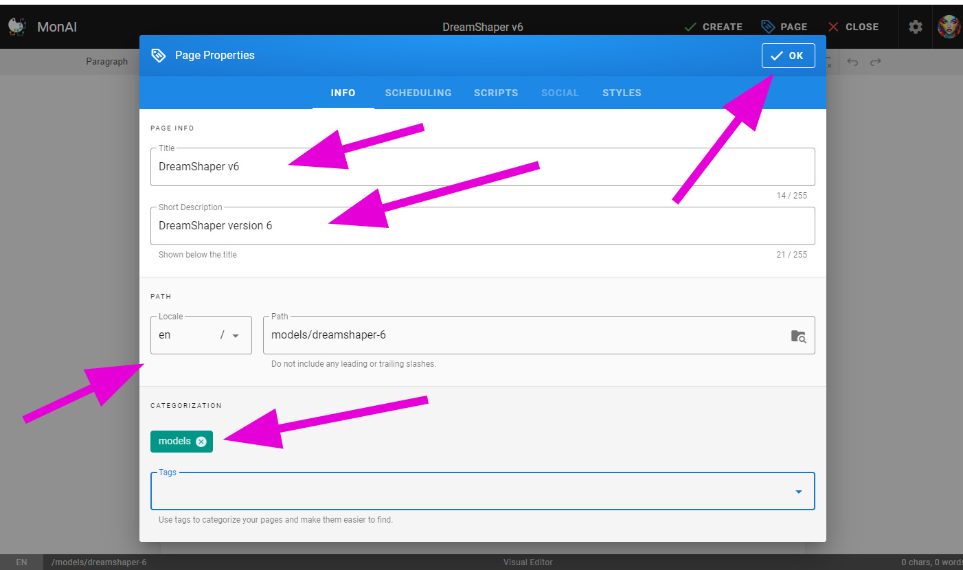 How to create a Wiki page: Add a Title, Short Description, Tag (if desired), and click OK