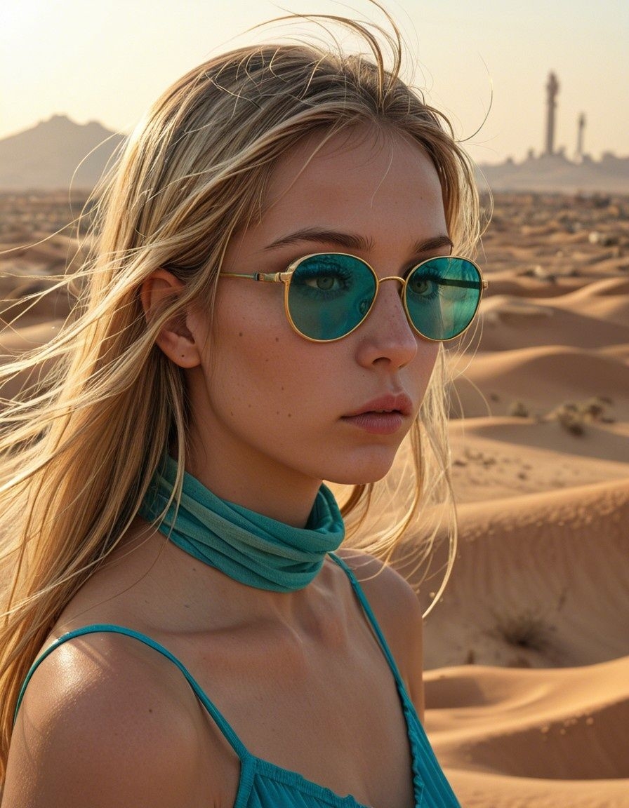 Example result. Prompt: beautiful blonde, (close portrait, side view:1.2), wearing aqua sunglasses with gold wire rims, teal spaghetti strap blouse, thin…
