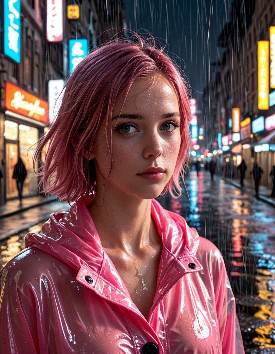 Example result. Prompt: beautiful woman, solo, close up, rain coat, pink hair, short hair, wind, night, city, scenic background, wet, street, reflections,…