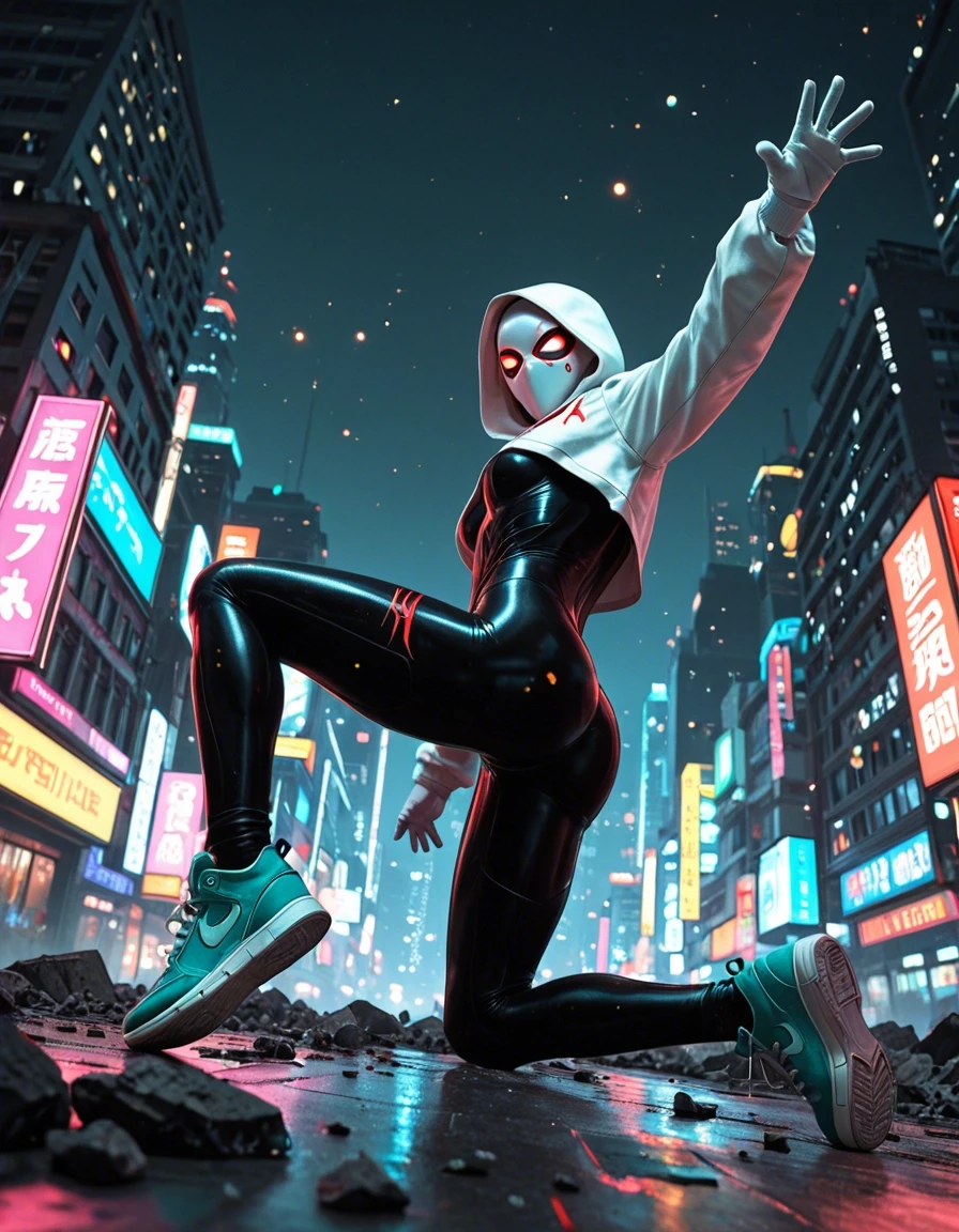 Example result. Prompt: 1girl, solo, general, cyberpunk girl in black bodysuit with spider web print white mask white hood and teal sneakers jumping…