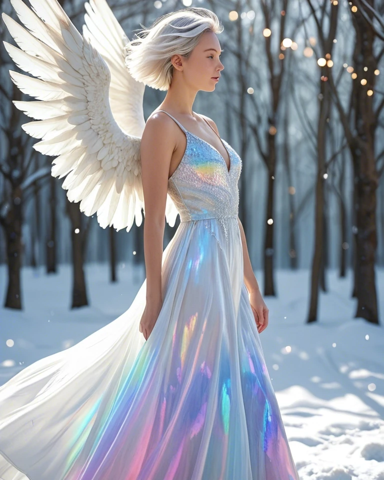 Example result. Prompt: 1girl, white gown, long gown, iridescent gown, angel wings, white wings, feather wings, side view, short hair, white hair, wind, bokeh…