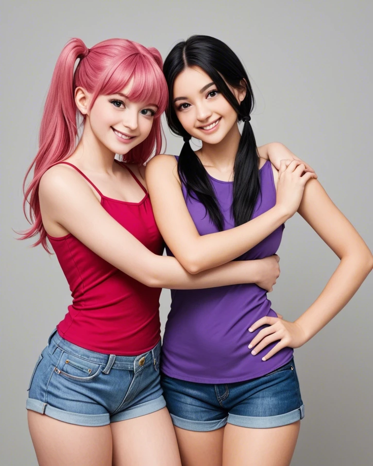 Example result. Prompt: 2girls, duo, shoulder to shoulder, looking at viewer, smiling, girl 1: (short pink hair, purple shirt, denim shorts, hugging own…