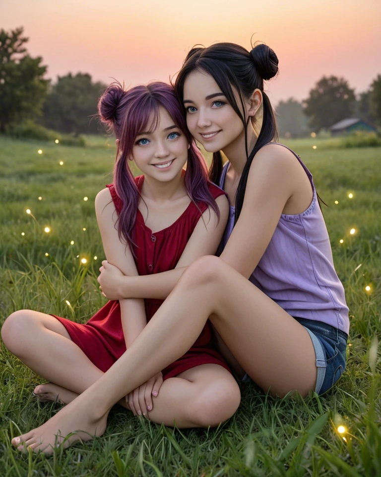 Example result. Prompt: 2girls, duo, sitting side by side, in the grass, (fireflies), left has (pink-purple hair, messy bun, purple shirt, blue eyes, denim…