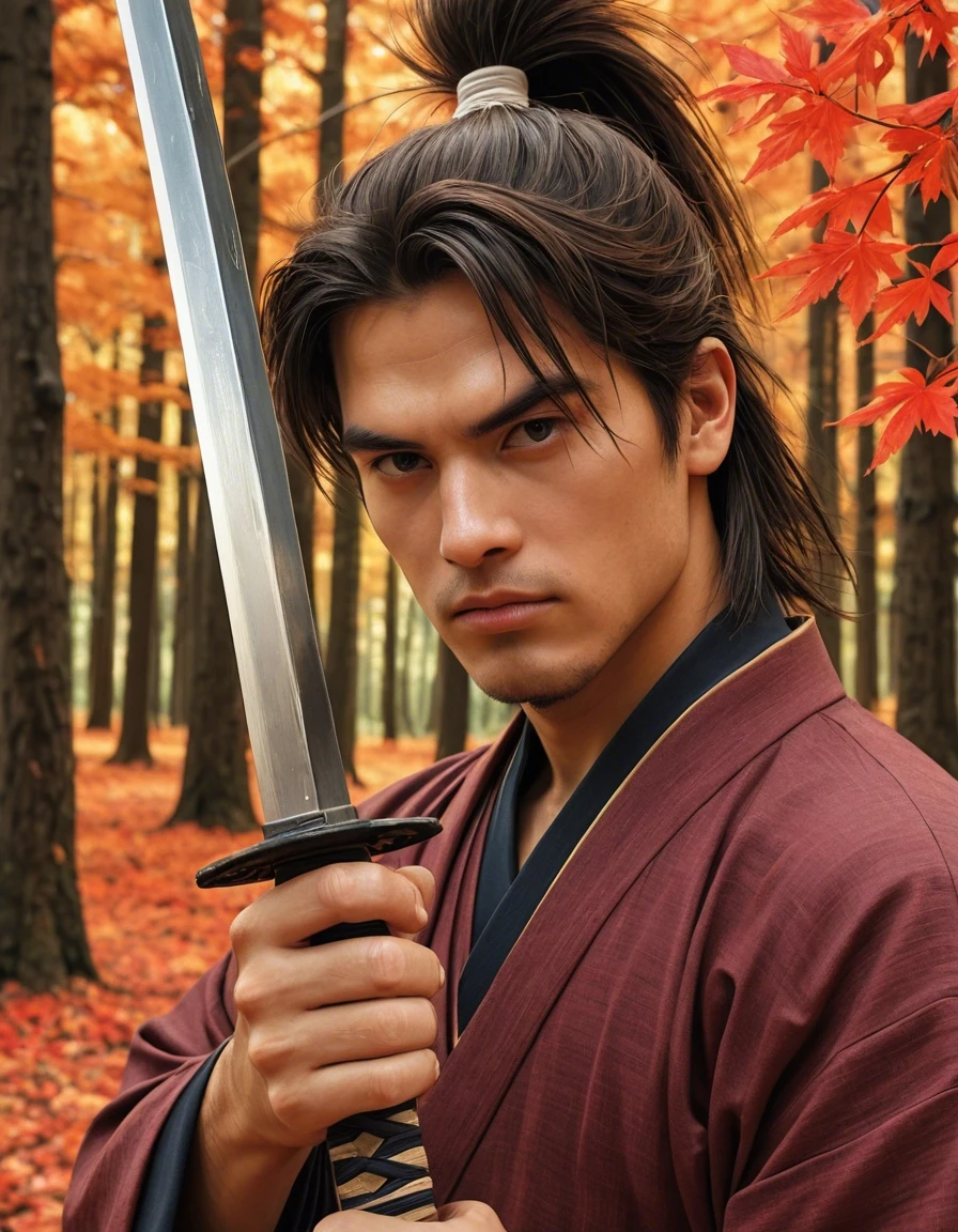Example result. Prompt: 1boy, solo, brown hair, samurai warrior, wielding a sword, kimono, close portrait, fall forest, autumn leaves, masterpiece, best…