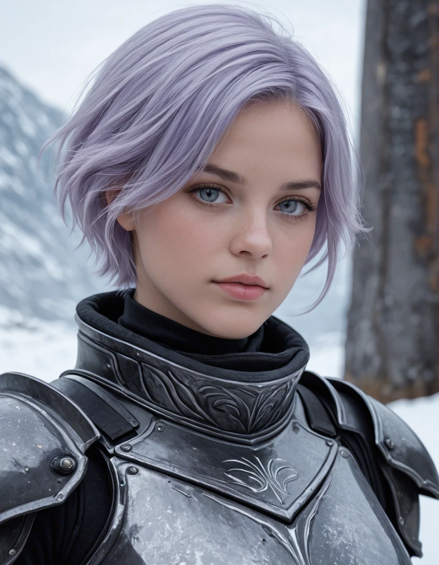 Example result. Prompt: 1girl, light purple hair, short hair, metallic black body armor, sleeveless armor, close portrait, in a winter wasteland, masterpiece,…