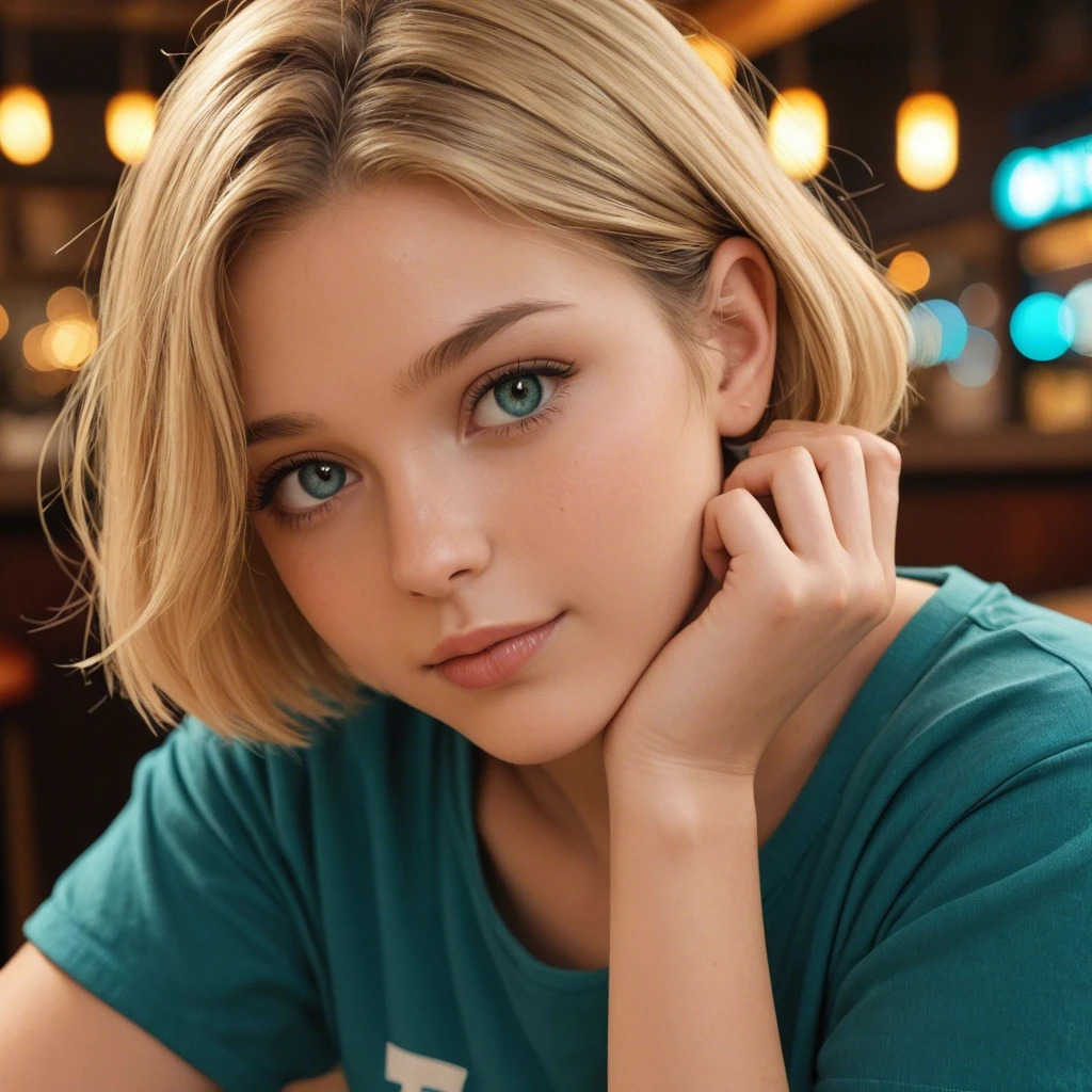 Example result. Prompt: beautiful woman, short hair, blonde hair, side view, teal t-shirt, looking at viewer, head rest, hand on own chin, bokeh restaurant…