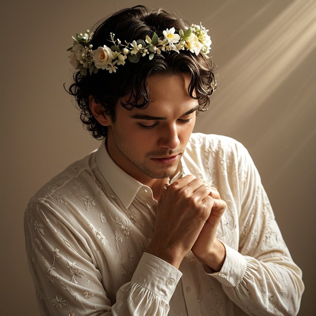 Example result. Prompt: handsome man with a floral wreath in his curly dark hair. the man is wearing a white shirt, with silky flowing fabric, long sleeves.…