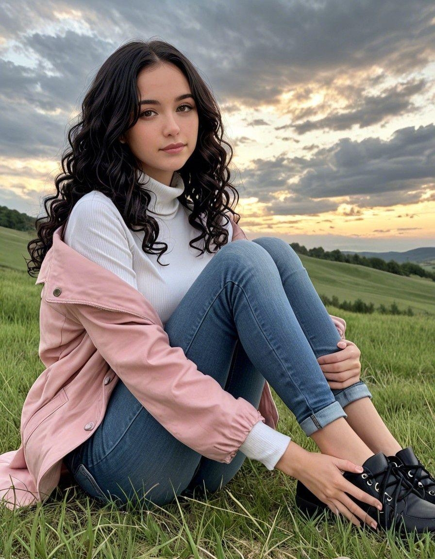 Example result. Prompt: woman, turtleneck shirt, white shirt, denim jeans, pink coat, black hair, curly hair, sitting on a grassy hill, knees together,…