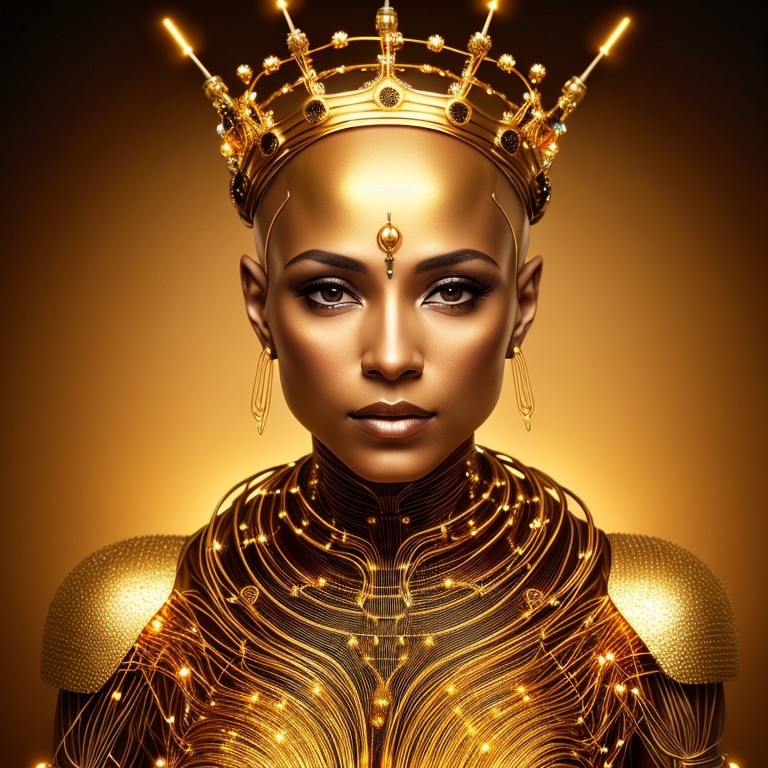 Example result. Prompt: beautiful golden woman with metallic gold skin, no hair, wearing a crown made of black wire and Biopunk circuits, portrait, highly…