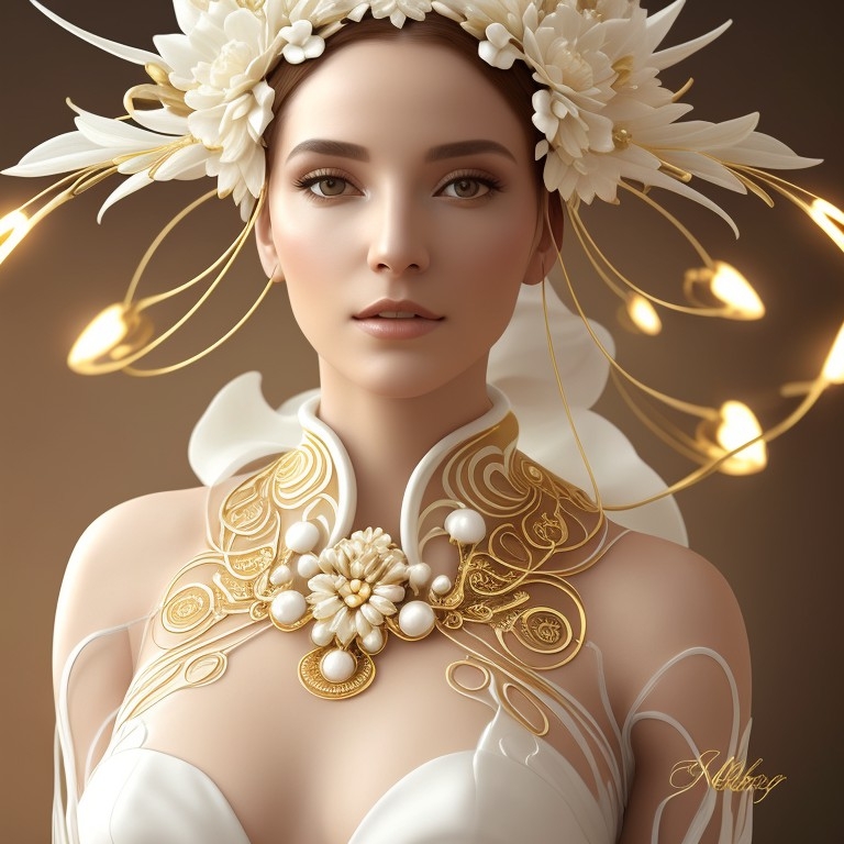 Example result. Prompt: beautiful woman in white ivory and gold, alien flowercore, futuristic elegant biopunk, portrait, highly detailed Negative Prompt:…