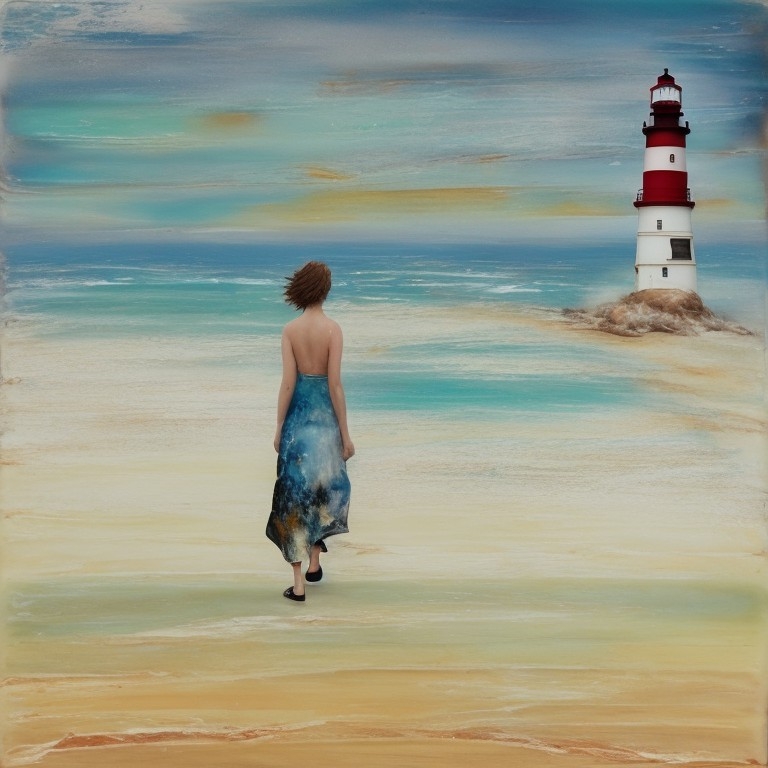 Example result. Prompt: beautiful woman walking on a sandy beach, lighthouse in the distance, encaustic painting with hot wax, (encaustic style:1.1) Negative…