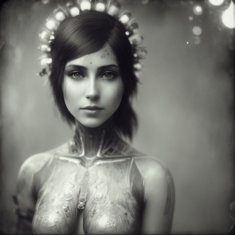 Example result. Prompt: biopunk woman, (collodion process!!), high quality, beautiful Negative Prompt: ugly, (deformed, distorted, disfigured:1.3) Guidance…