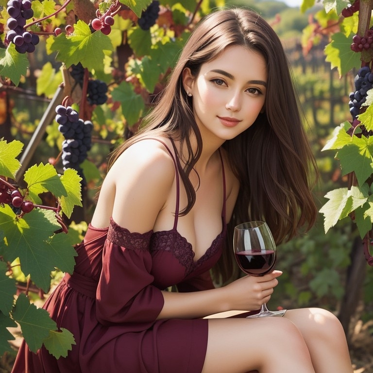 Example result. Prompt: beautiful woman holding a glass of wine, sitting under a grapevines in a vineyard, high detail Negative Prompt: (deformed, distorted,…