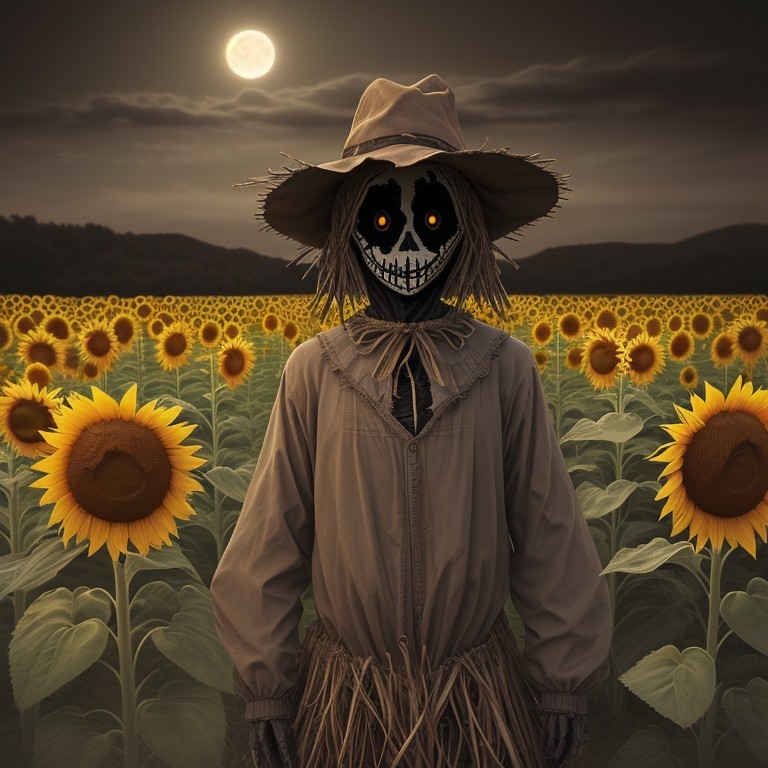 Example result. Prompt: scarecrow in a sunflower field, at night, spooky, eerie, highly detailed, best quality, realistic, dark Negative Prompt: boring…