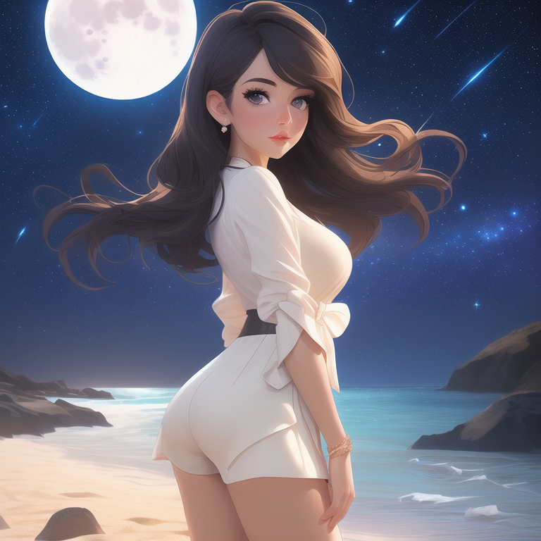 Example result. Prompt: beautiful woman in a shabby chic blouse and shorts, on the beach, (at night:1.1), full moon, starry sky, beautiful, best quality,…