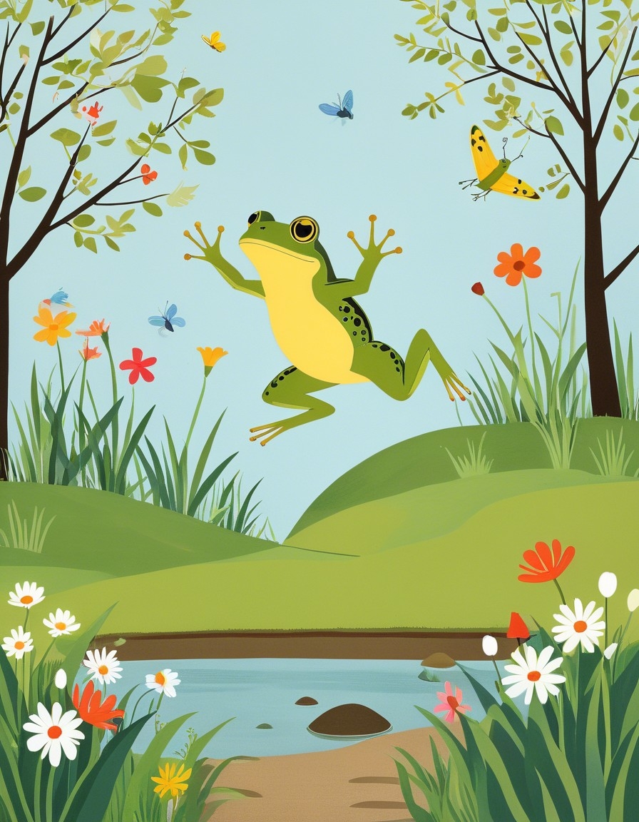 Example result. Prompt: a frog (hopping up in the air:1.3), in a spring garden, minimalist, graphic illustration, fine art, whimsical, Mary Blair, (Charley…