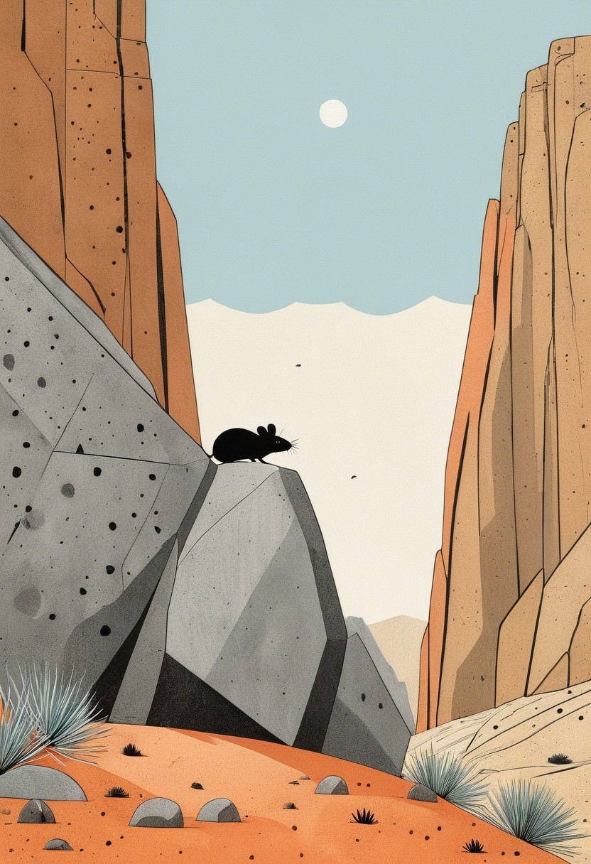 Example result. Prompt: a tiny mouse at the bottom of a giant rock formation in the desert, looking up to the top and the long climb ahead, (graphic…