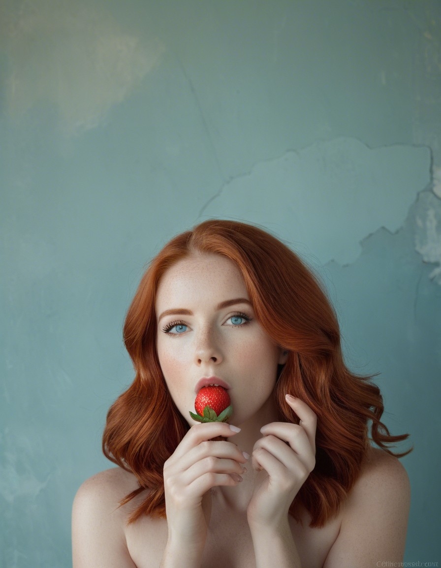 Example result. Prompt: beautiful redhead woman holding a strawberry up to her closed mouth, close portrait, slight smile, aqua blue eyes. cracked painted…