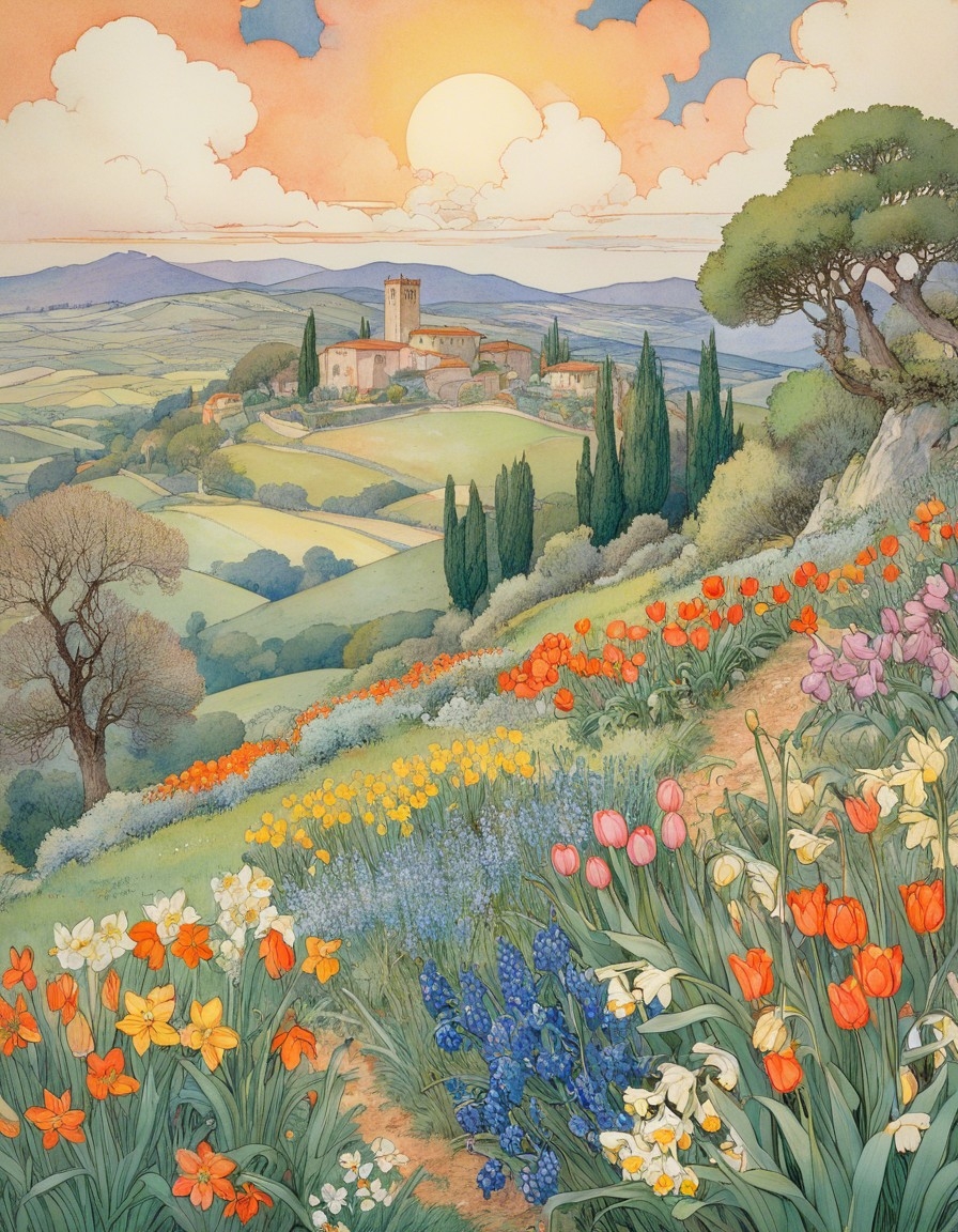 Example result. Prompt: beautiful springtime flowers growing in a lush wild garden on the Tuscan hillside, with grape hyacinth, daffodils, and tulips in pink…