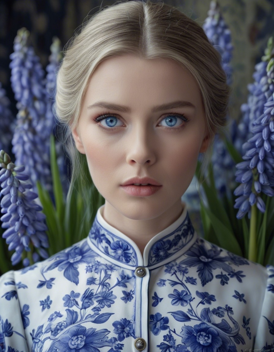 Example result. Prompt: beautiful woman with a haunting expression, beautiful blue eyes, close up, surrounded by hyacinth and grape hyacinth flowers, mandarin…