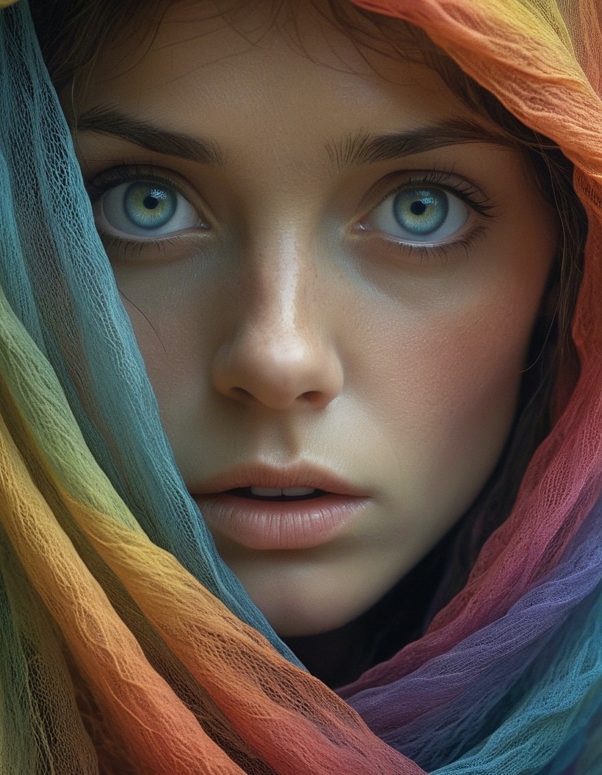 Example result. Prompt: broken woman with a gaunt expression, beautiful big eyes, close up, wearing a gossamer wrap in a rainbow of colors, haunting…