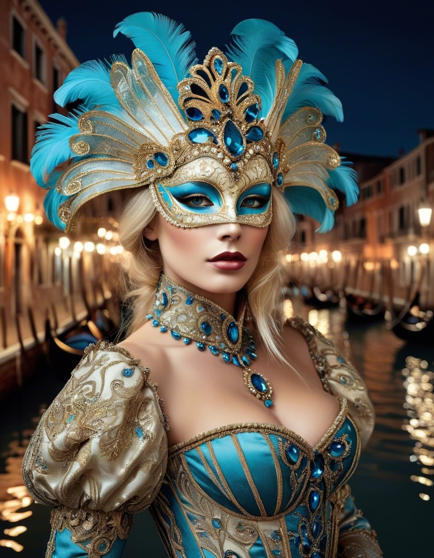 Example result. Prompt: close portrait of a beautiful blonde at the Venice carnival wearing an elaborate carnival costume with a mask and headpiece. The…