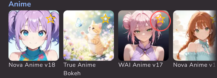 The style picker's Anime row. The outlined star on WAI Anime v17 is circled