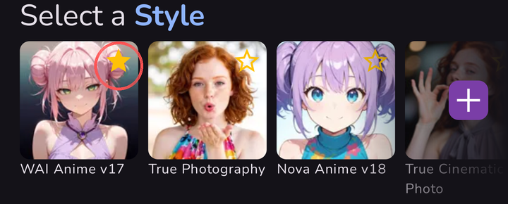 The Select a Style row on the main screen, with the favorite WAI Anime v17 first