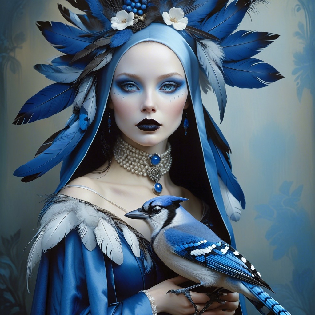 Example result. Prompt: (anthropomorphic Blue Jay woman), pale skin, blue eyes, black lips, narrow nose, birdlike facial markings, blue feathers on her head,…