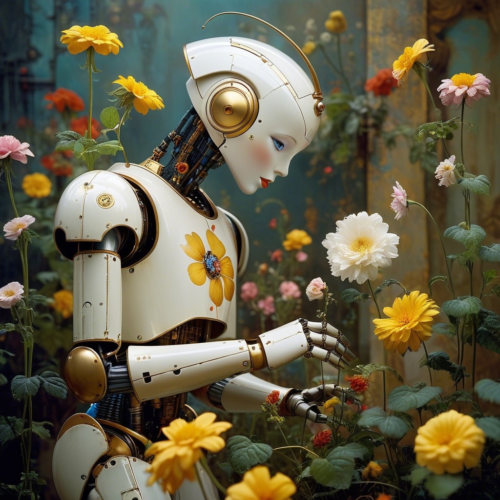 Example result. Prompt: (cute robot picking a flower:1.3) , surreal, moody, ethereal fantasy, amazing depth, cinematic film still, sharp focus, (James…