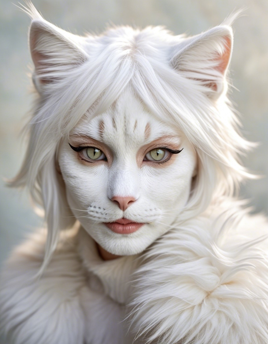 Example result. Prompt: anthropomorphic cat woman, white hair and fur, feline ears, long beautiful whiskers, short fur covering white face, feline nose and…