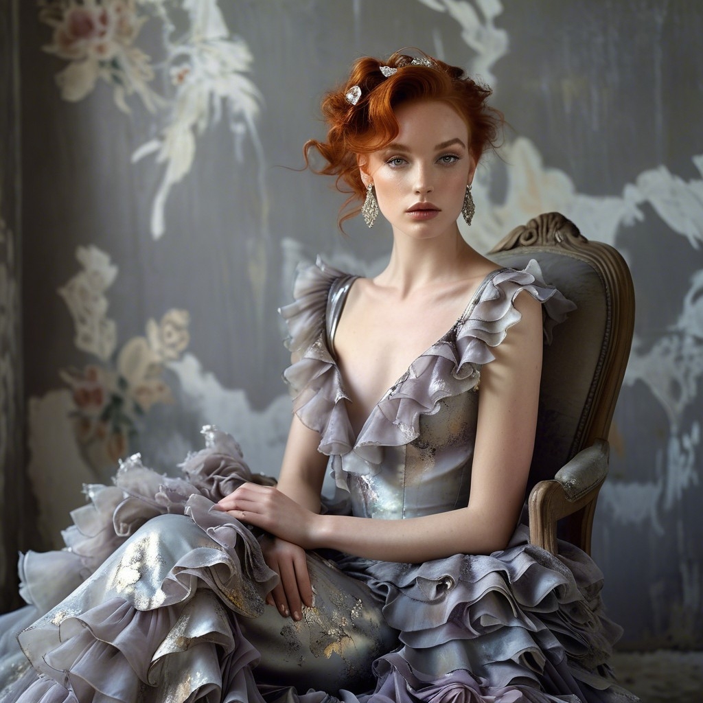 Example result. Prompt: beautiful redhead wearing a (gray violet) iridescent chiffon gown with ruffles around the scoop neckline and a full tiered ruffle…