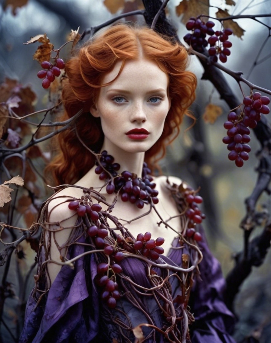 Example result. Prompt: beautiful redhead wearing a dress made of withered grape vines+ and plump red purple grapes, autumn, death and decay, Art Nouveau,…