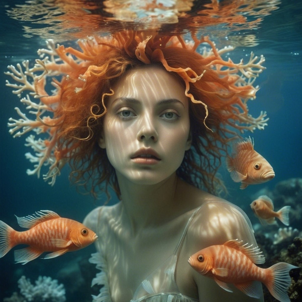 Example result. Prompt: beautiful woman underwater, with frizzy hair, coral, surrounding by scary bony fish, (close portrait), surreal imagery, unsettling,…