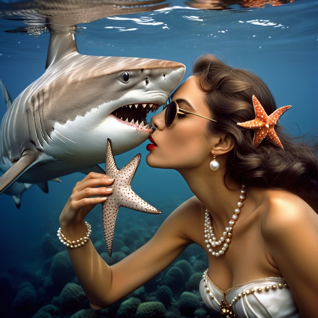 Example result. Prompt: beautiful woman wearing sunglasses and pearls, underwater, in the ocean+, (kissing a shark:1.4), holding a starfish, (close portrait),…