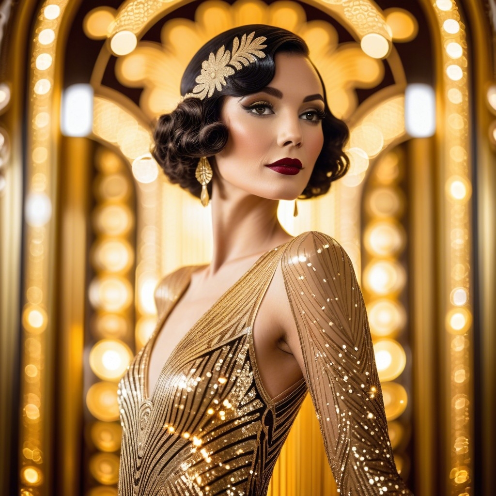 Example result. Prompt: beautiful woman wearing a gold sequin gown, bokeh lights in the background, (Art Deco:1.3), geometric shapes, luxurious, decorative,…
