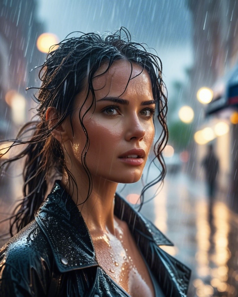 Example result. Prompt: beautiful woman walking through a violent thunderstorm, close portrait, rain in her her hair and dripping off her nose, downtown,…
