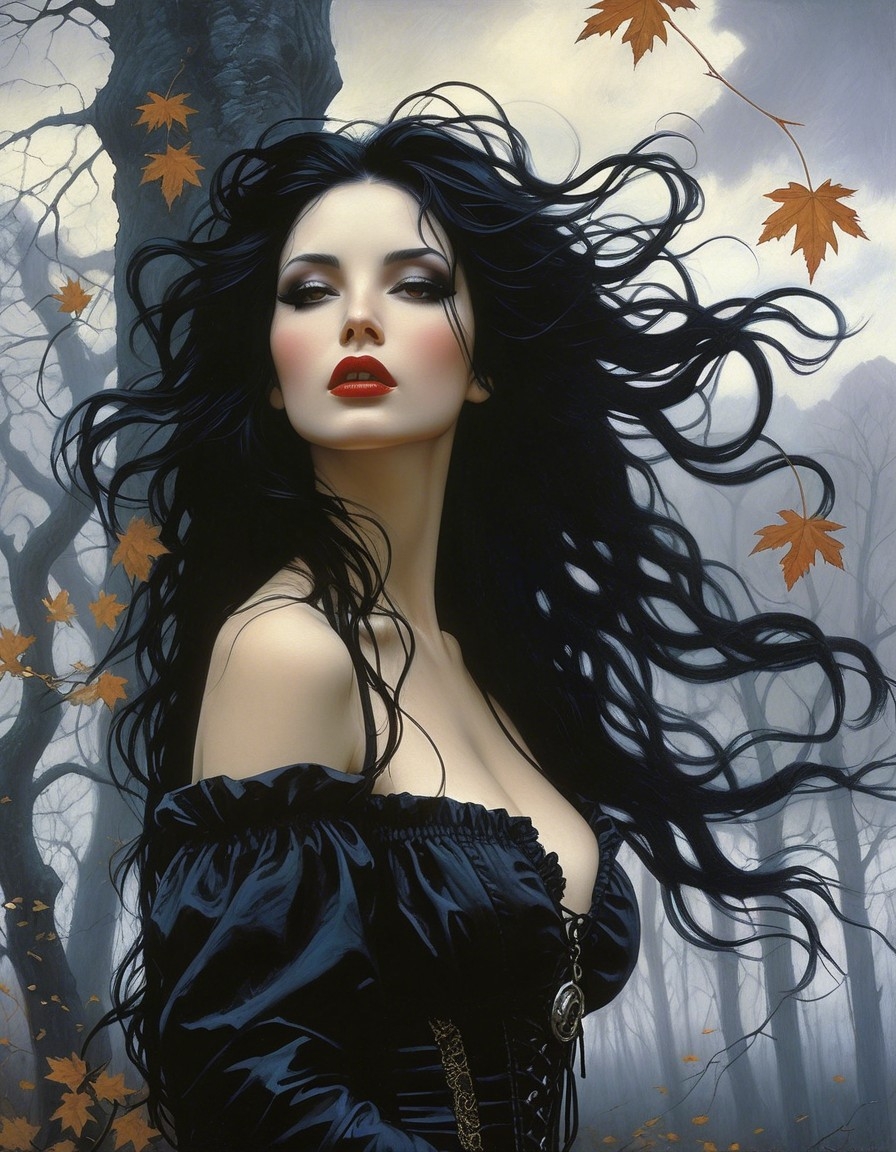 Example result. Prompt: beautiful woman, black hair blowing in the wind, (close portrait), (gothic style:1.2), (dark makeup:1.2), dark trees, leaves blowing…