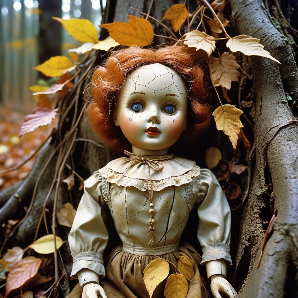 Example result. Prompt: creepy antique doll, with dirty hair and clothes, ceramic face with cracks, abandoned in an autumn forest, wet and tattered, overgrown…