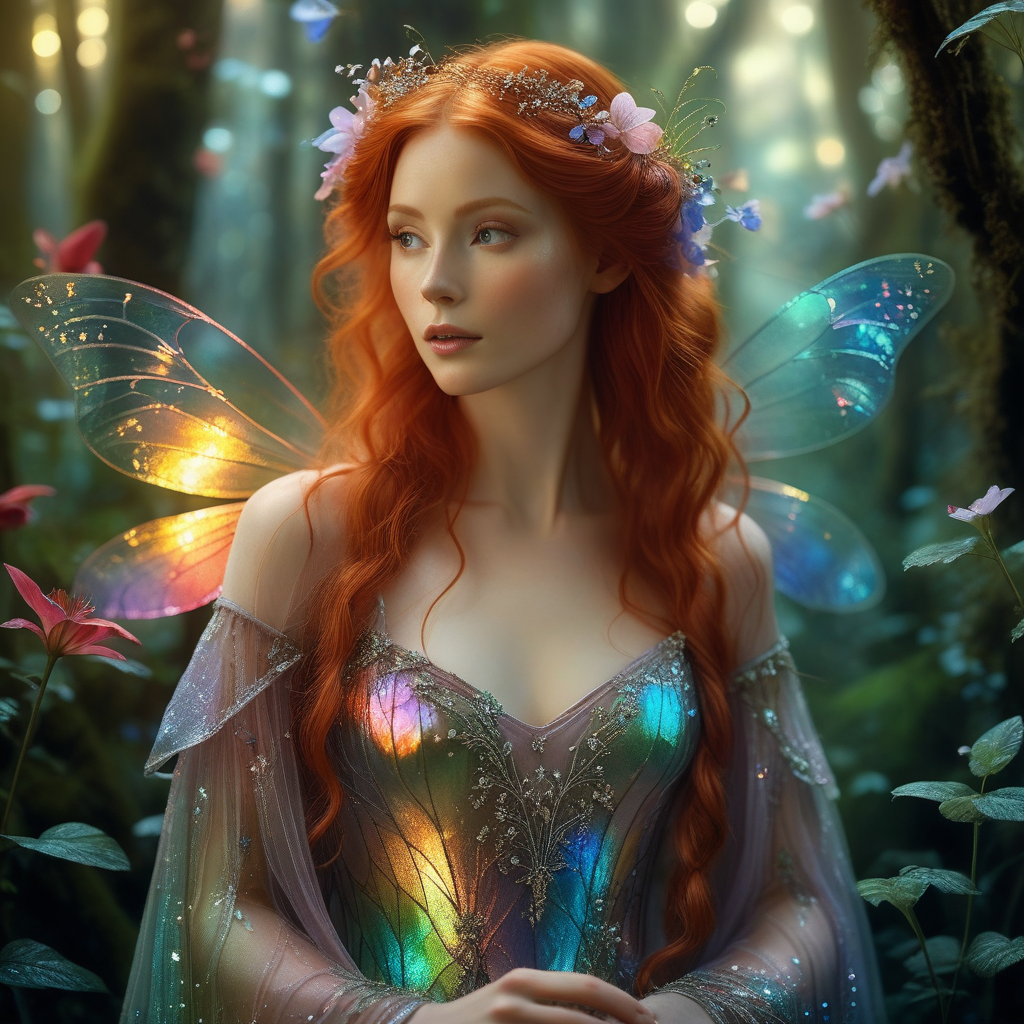 Example result. Prompt: beautiful fairy with intricate translucent (iridescent:1.2) wings on her back, red hair, (iridescent:1.3) dress, close up, in an…