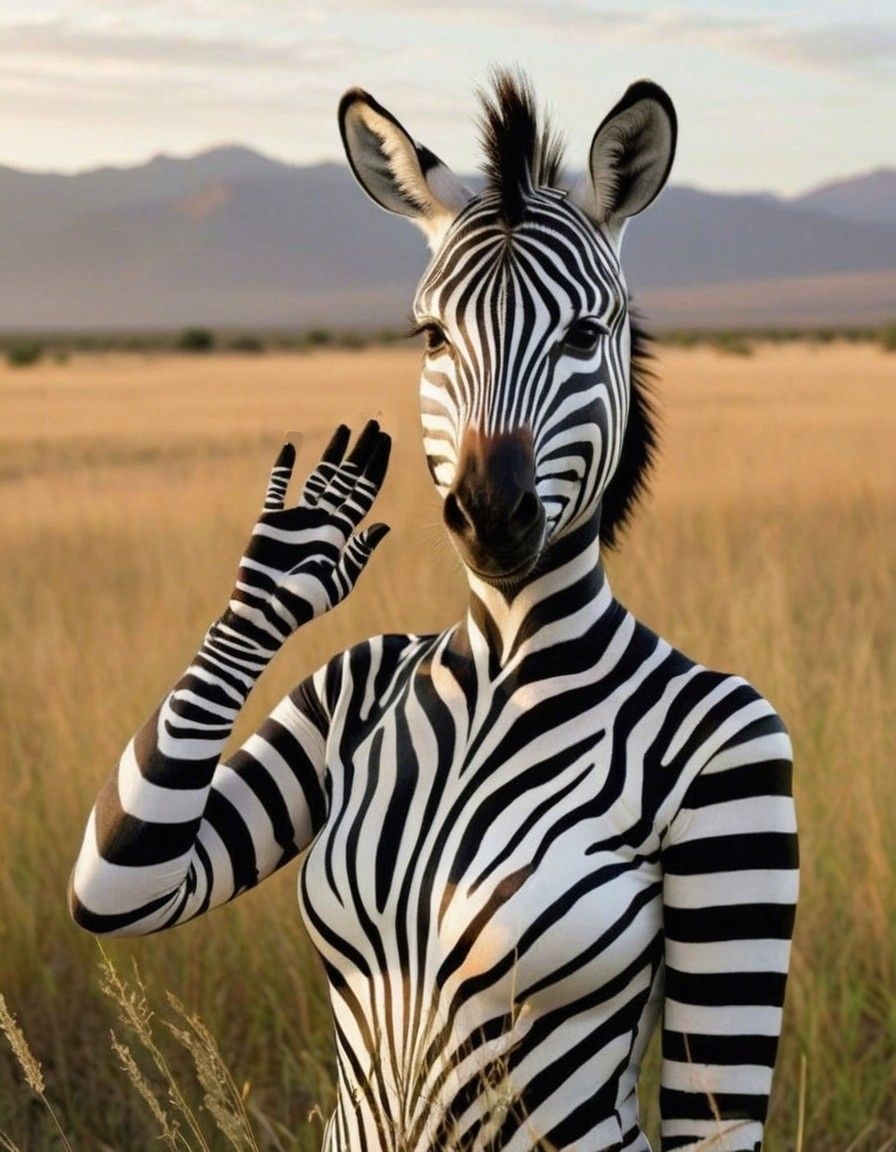Example result. Prompt: anthropomorphic zebra woman, white and black stripes covering her face and neck and body, pointy black ears, tall black mowhawk, one…