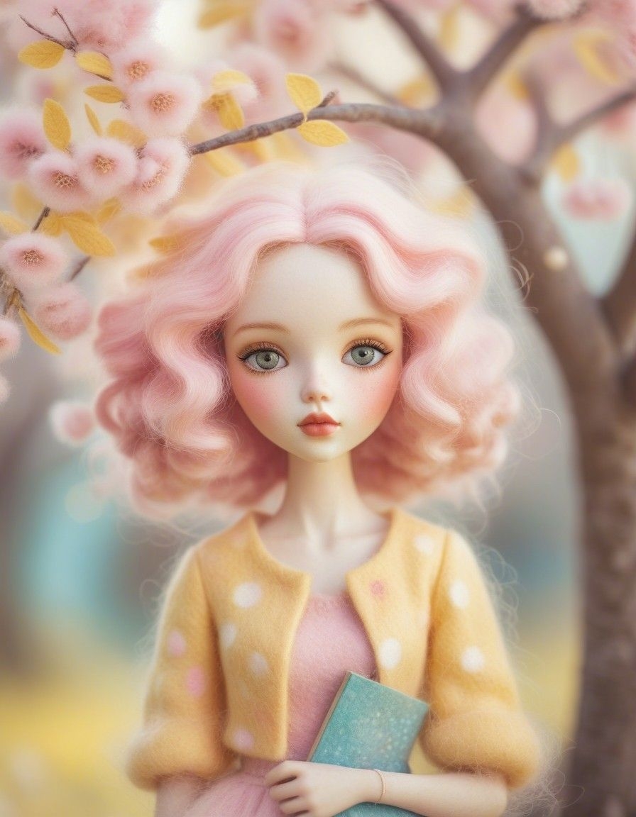 Example result. Prompt: beautiful girl under a flower tree, whimsical stylized portrait designed with a soft felted texture. Fluffy hair in a pastel color.…