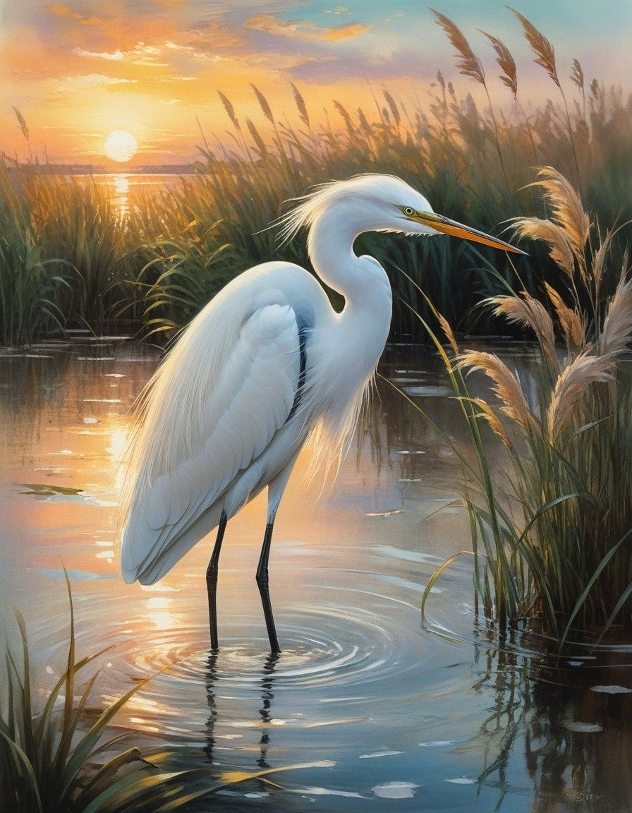Example result. Prompt: beautiful snowy Egret standing in the water on the coast, tall grass and leafy plants, pastel sunset with cloudy skies, highly…