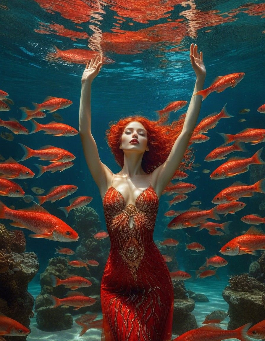 Example result. Prompt: beautiful woman surrounded by (red fish), deep under water, her hands are raised above her head, (aqua, red:0.8), surreal, (Gustav…
