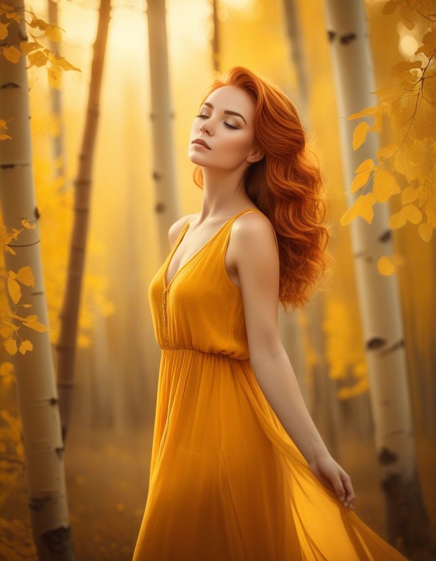 Example result. Prompt: beautiful woman with auburn hair, wearing a gauzy sleeveless yellow-orange dress, surrounded by yellow Aspen trees in an autumn…