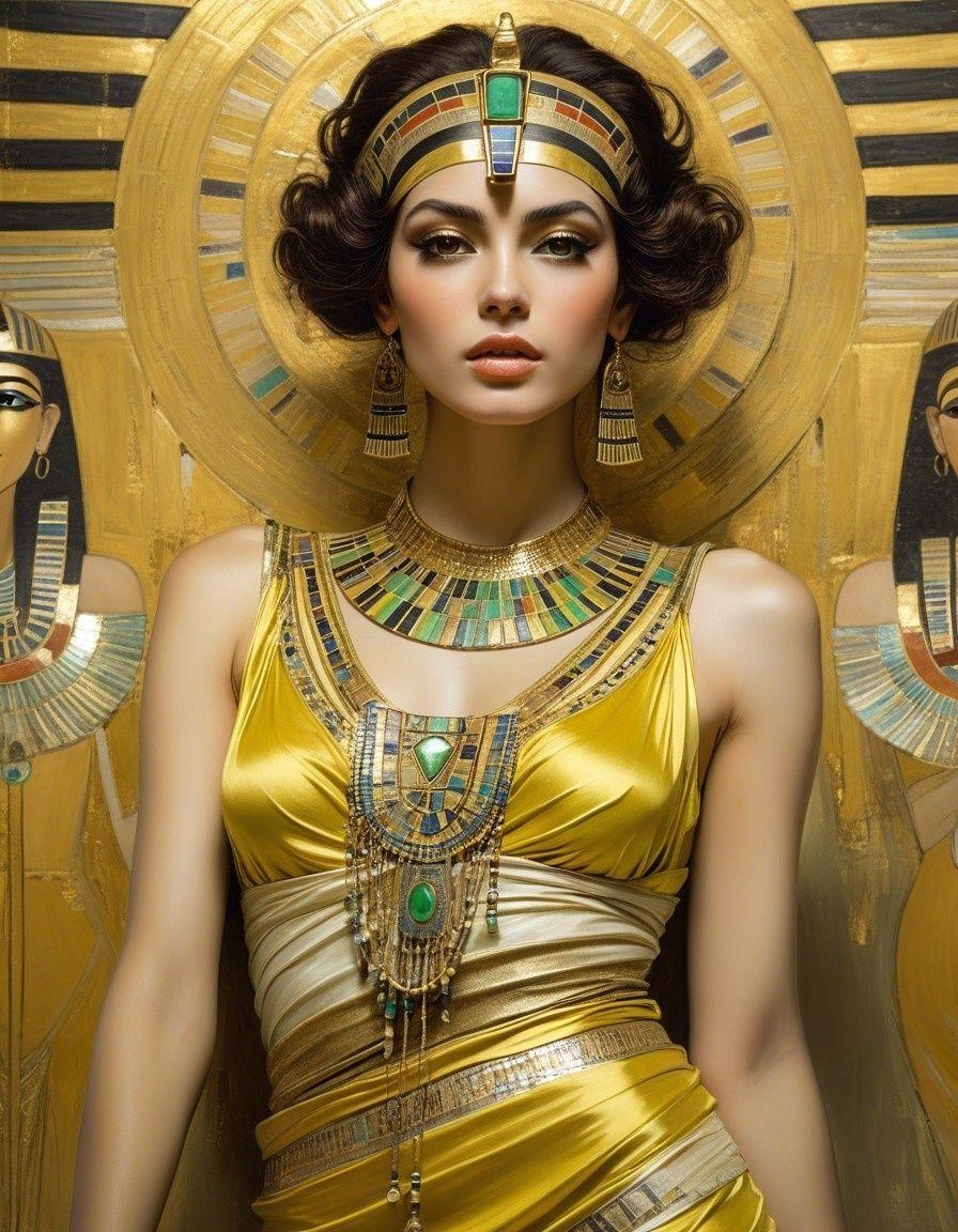 Example result. Prompt: beautiful woman in (yellow, gold, and lime green+), (Egyptian Inspiration), painting by Gustav Klimt and Giovanni Boldini. intricate,…